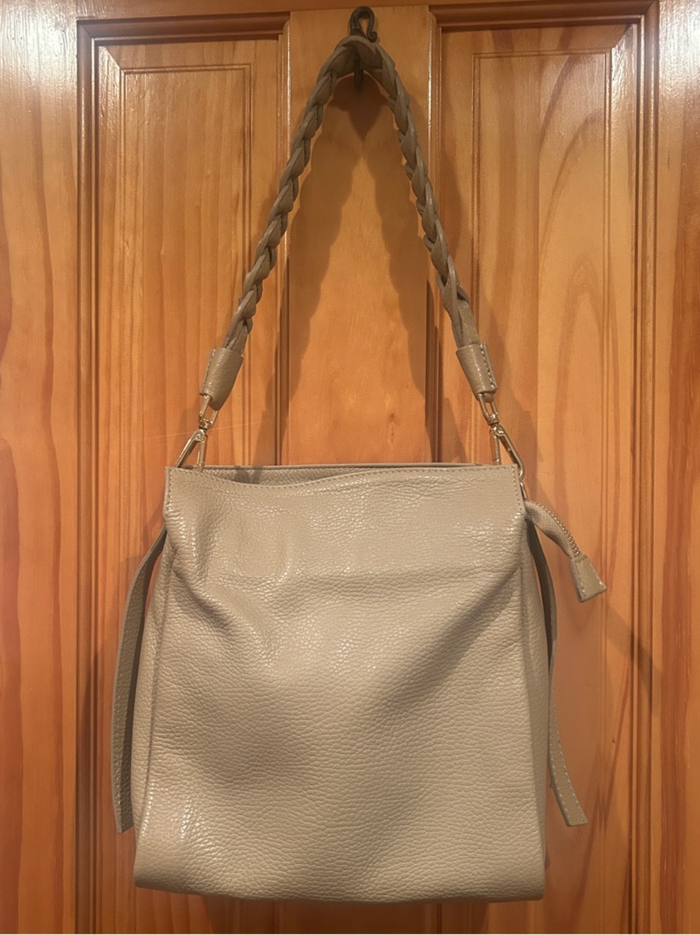 Neutral Taupe Leather Shoulder Bag with Braided Strap